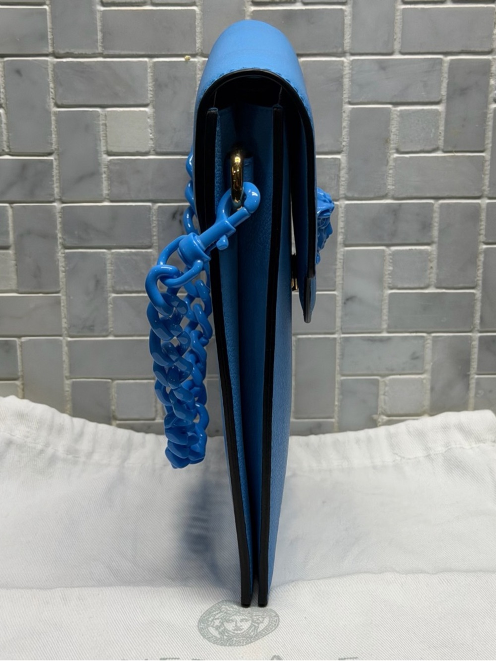 Versace La Medusa Leather Phone Crossbody Bag Blue Chain Strap Card Holder Italy - Picture 8 of 16